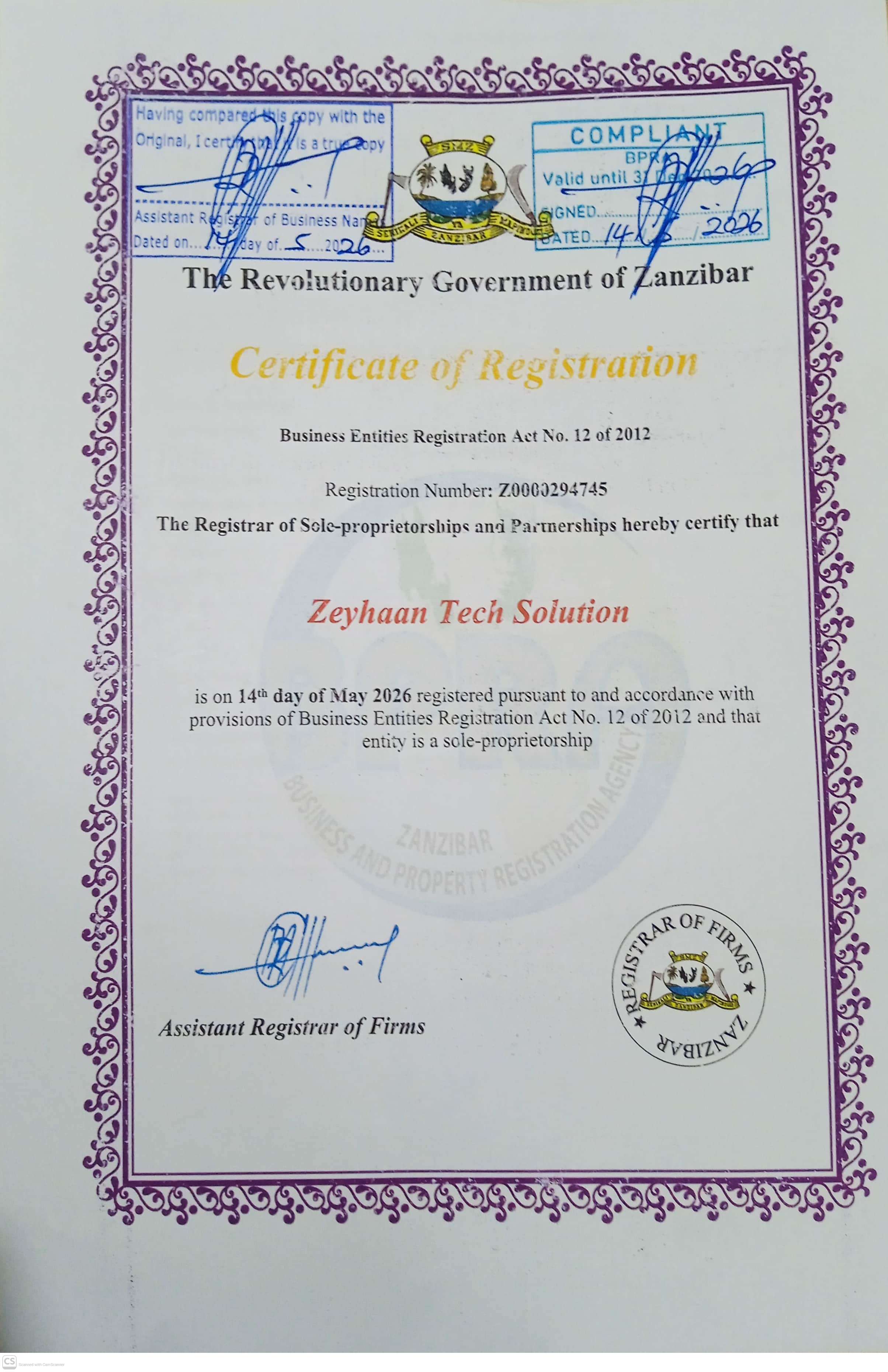 Zeyhaan Tech Solution Business Registration Certificate